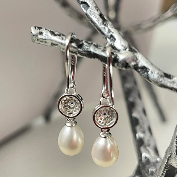 Vintage Style 925S Zirconia And Real Freshwater Drop Pearl Dangle Hook Earrings - Picture 4 of 12